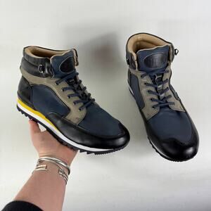 John Fluevog Run Wild Boots Men's 9 Black Blue Leather Lace Up Ankle Outdoor